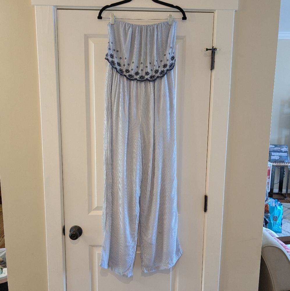 Jessica Simpson Blue/White Striped Tube Top Style Jumpsuit, Size M